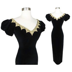Vintage 80s 90s Black Gold Puff Sleeve Gold Lace Maxi Party Dress Long Slit XS